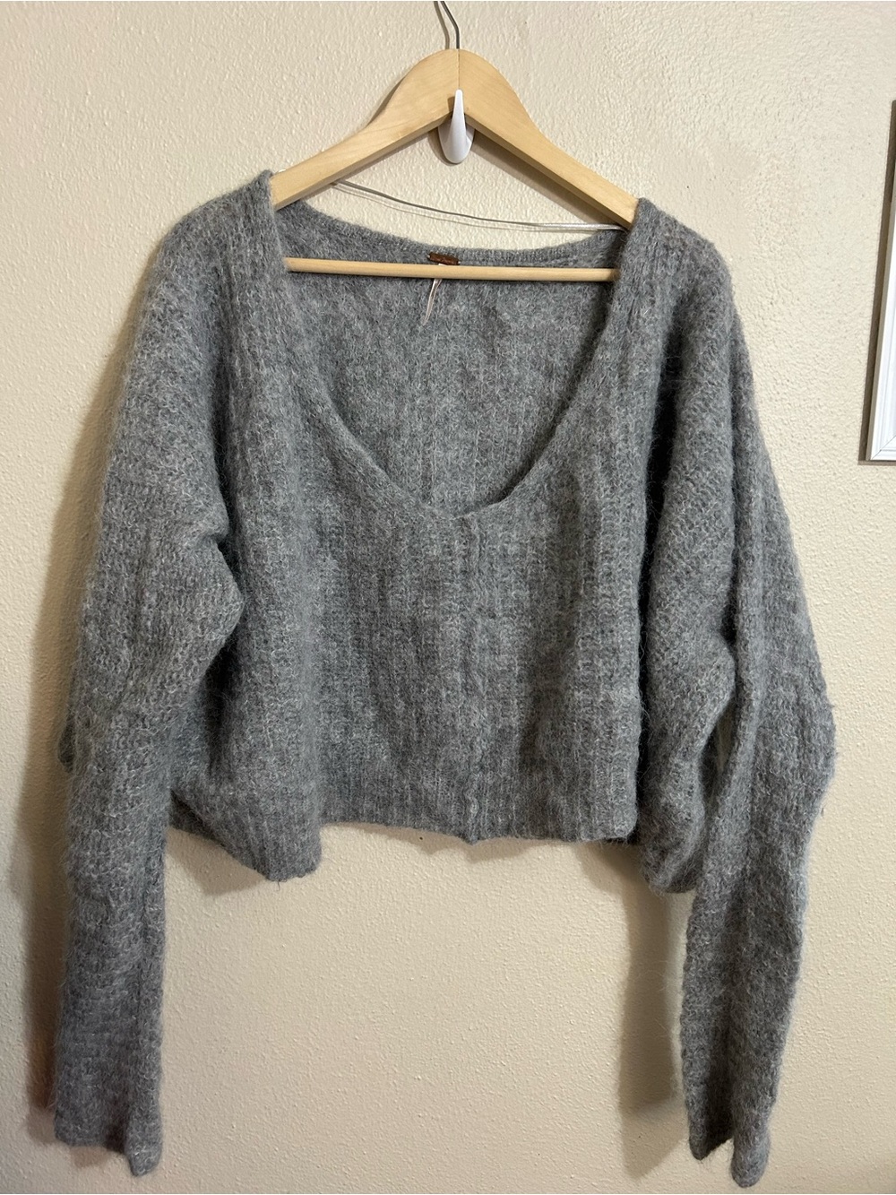 Free People Angora Slouchy Cropped Cozy V-Neck Sweater Gray Minimalist Boho